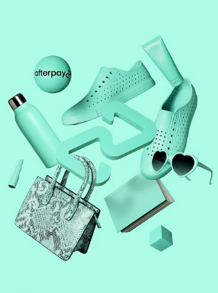 Afterpay visual in turquoise with various shopping items