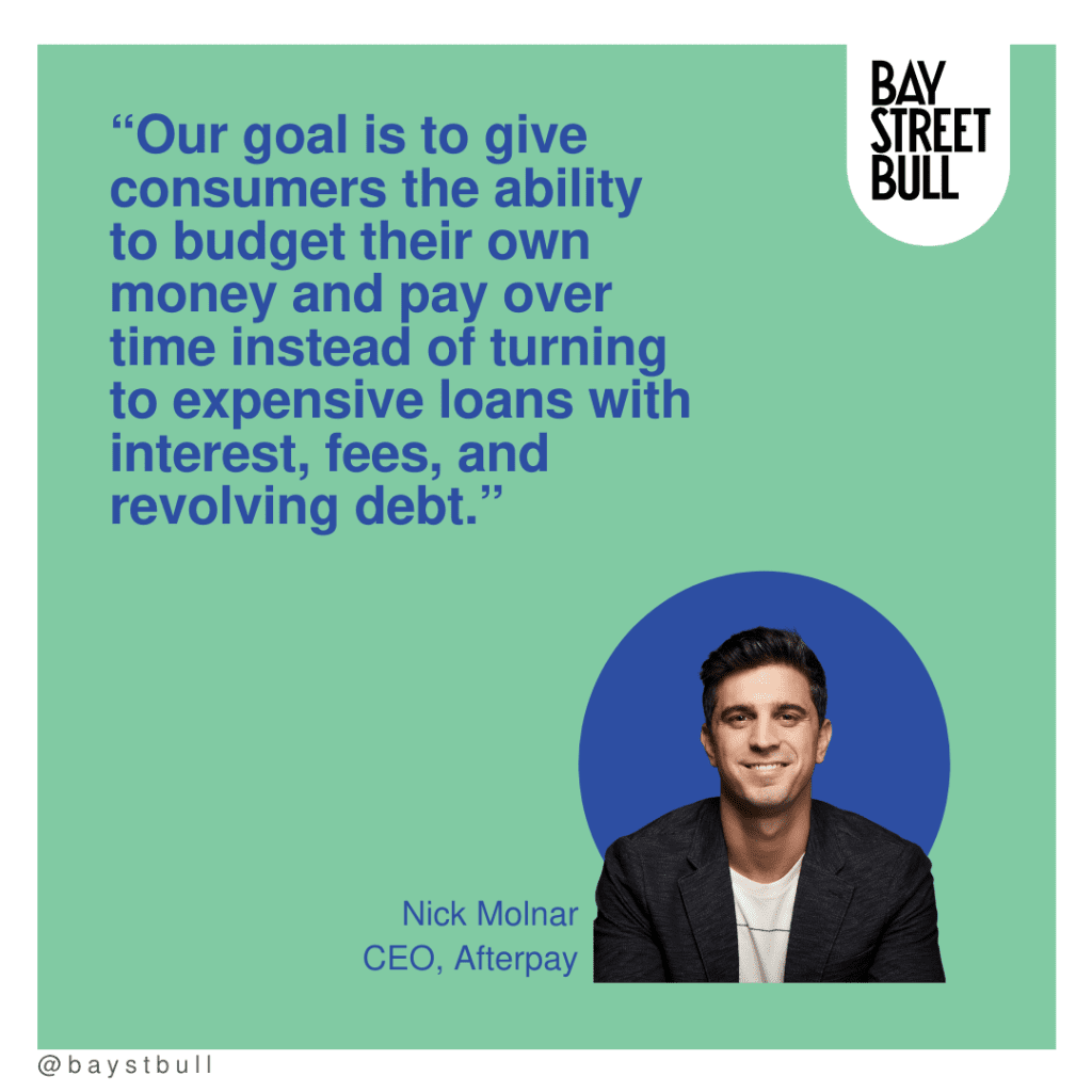 Afterpay CEO Nick Molnar quote on green background with blue writing and photo of Nick