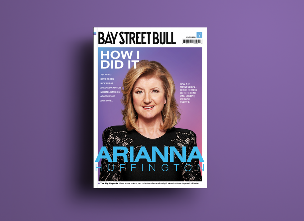 Arianna Huffington on cover of Bay Street Bull with purple background