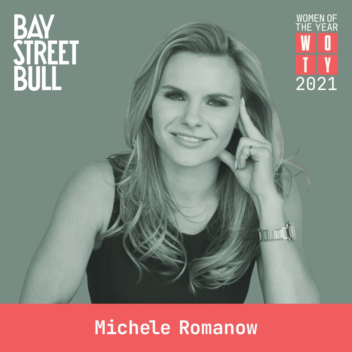 black and white photo of Michele Romanow wearing black top