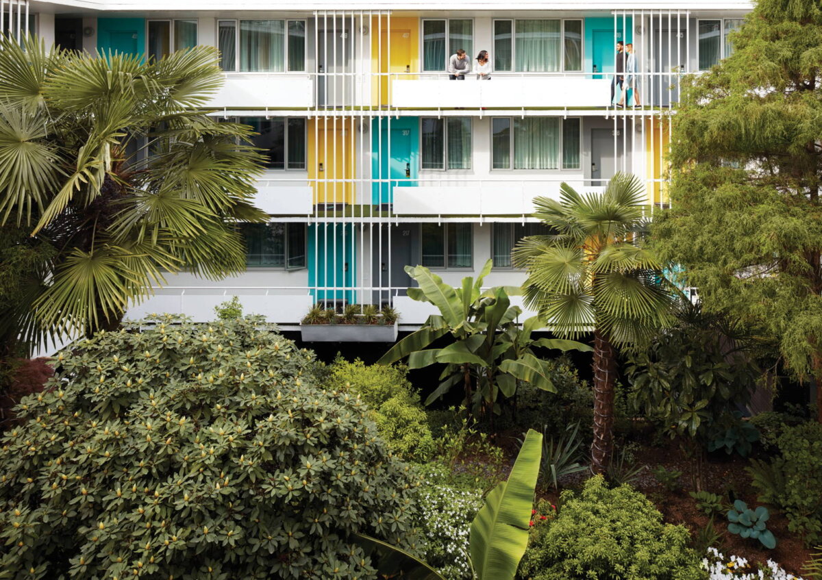 Retro motel with colourful doors