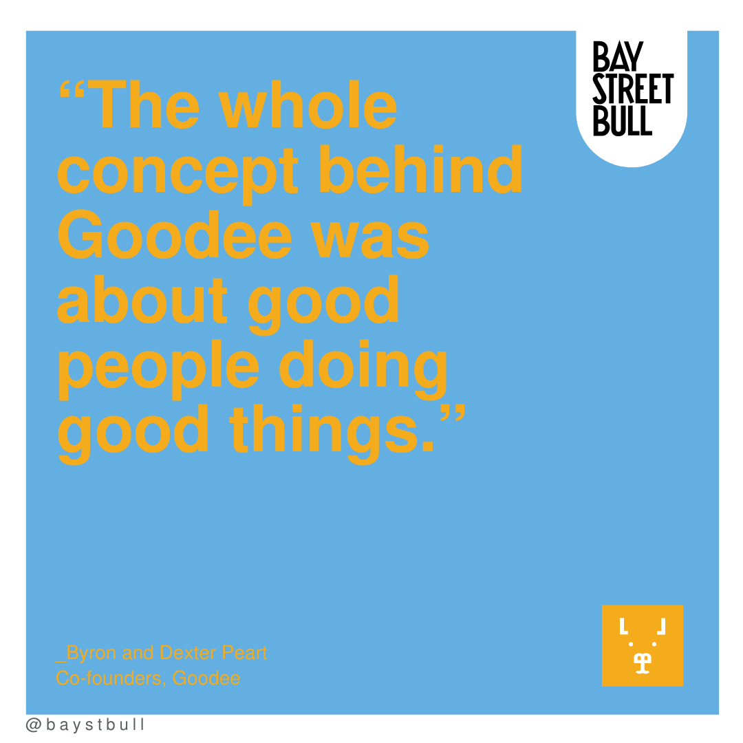 Goodee quote in yellow writing and blue background