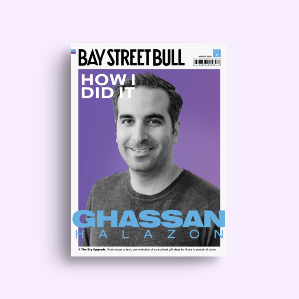 EMERGE Commerce Ghassan Halazon wearing sweater on cover of Bay Street Bull magazine with purple background