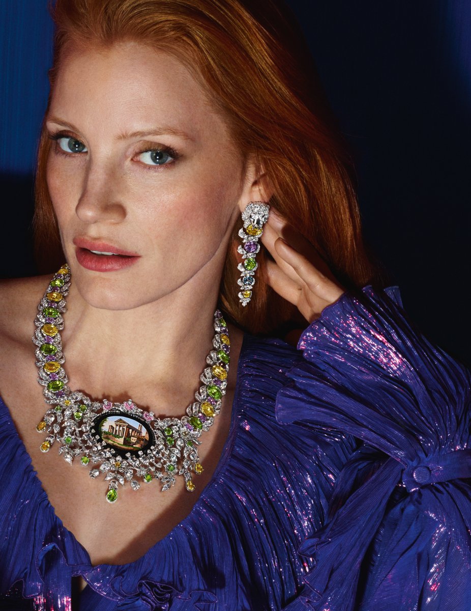 Actress Jessica Chastain poses in Gucci's new Hortus Deliciarum collection