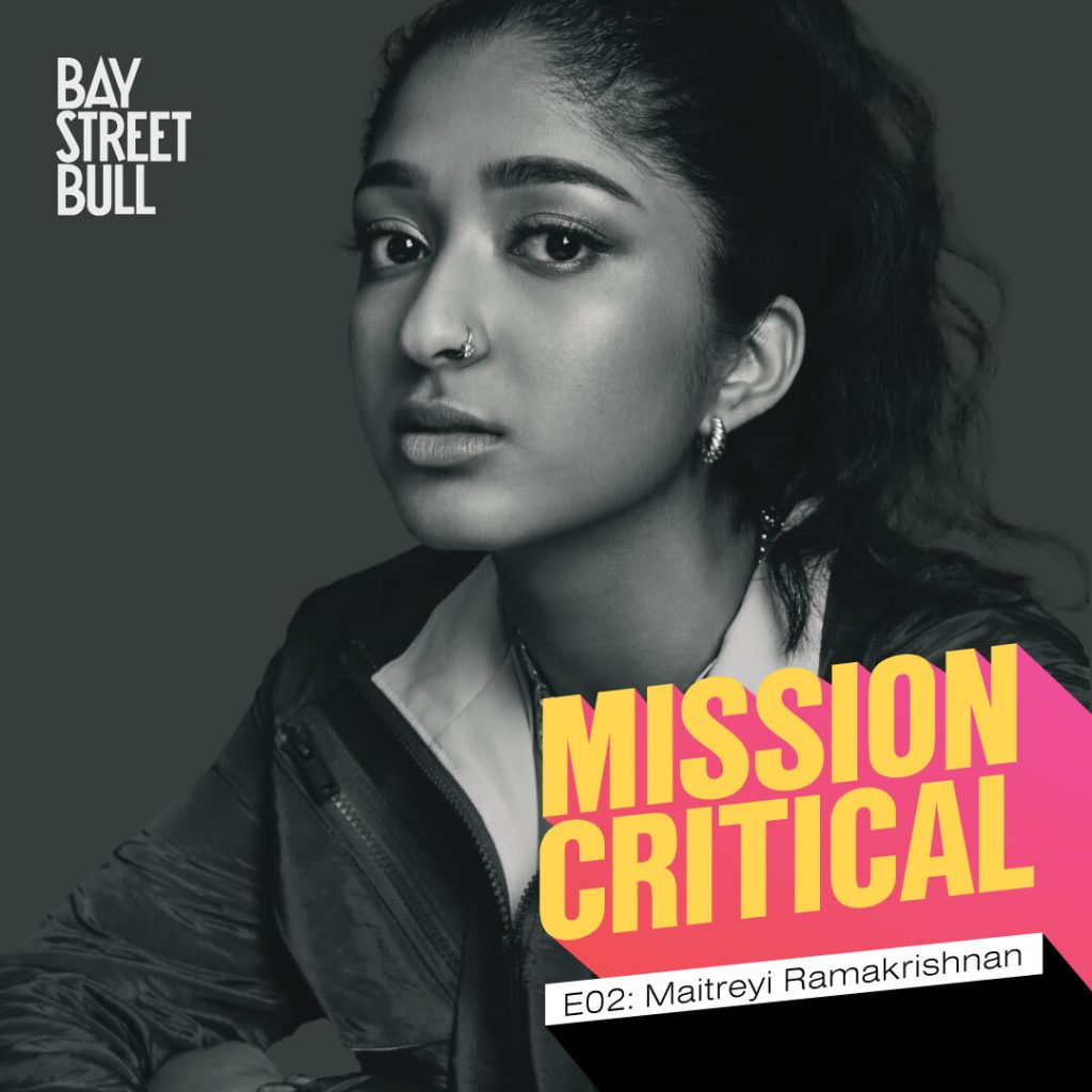 Black and white image of actor Maitreyi Ramakrishnan with mission critical and Bay Street Bull logo