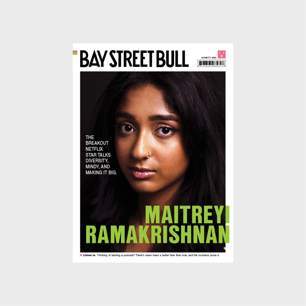 Actor Maitreyi Ramakrishnan on the cover of Bay Street Bull magazine with white background