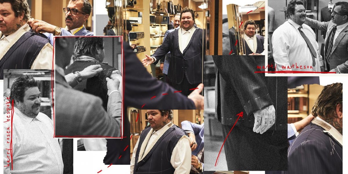 Collage of chef Matty Matheson getting a custom suit made