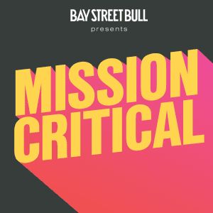 Mission Critical written in bright yellow and pink with dark background