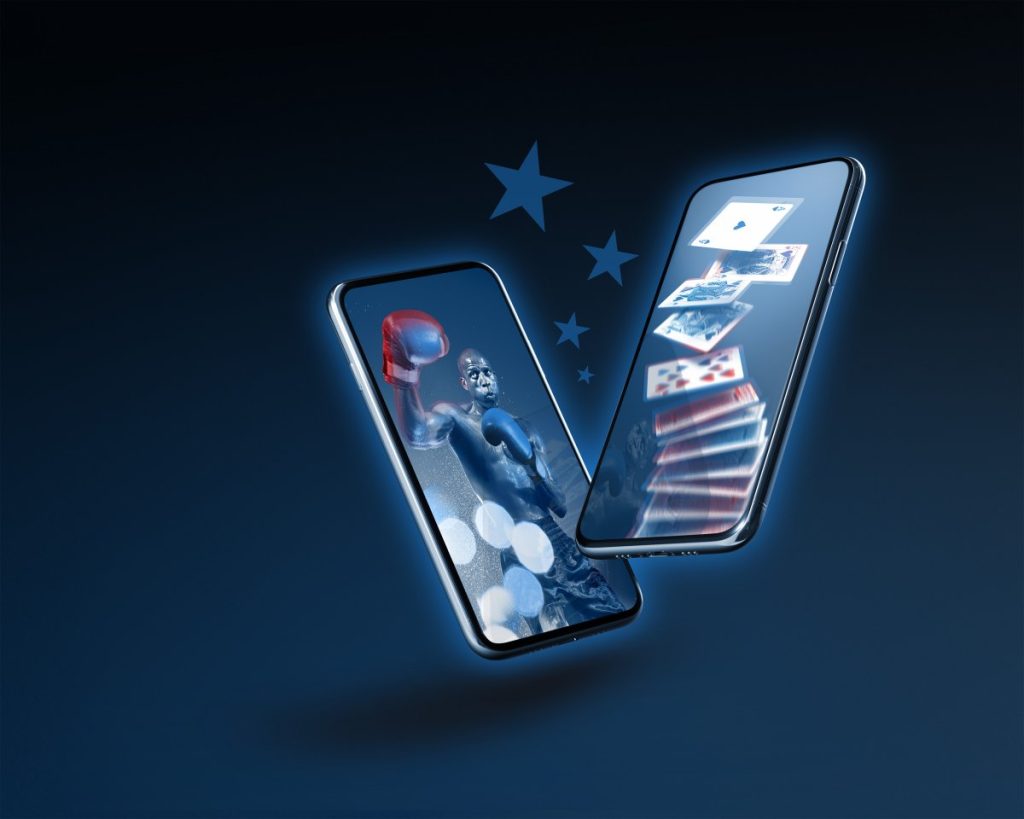 A boxer and a deck of cards are displayed on a pair of cell phones representing NorthStar Gaming.