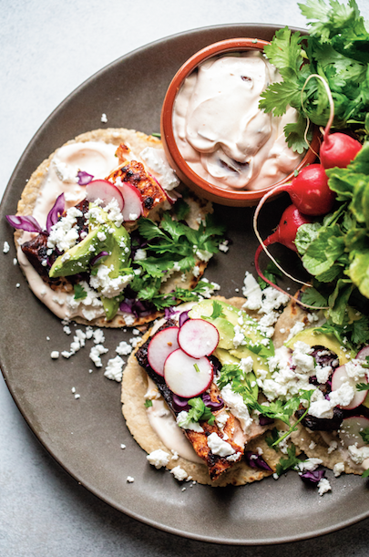 Salmon tacos with chipotle crema