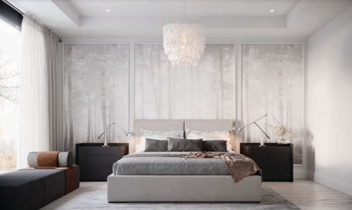 bedroom with chandelier