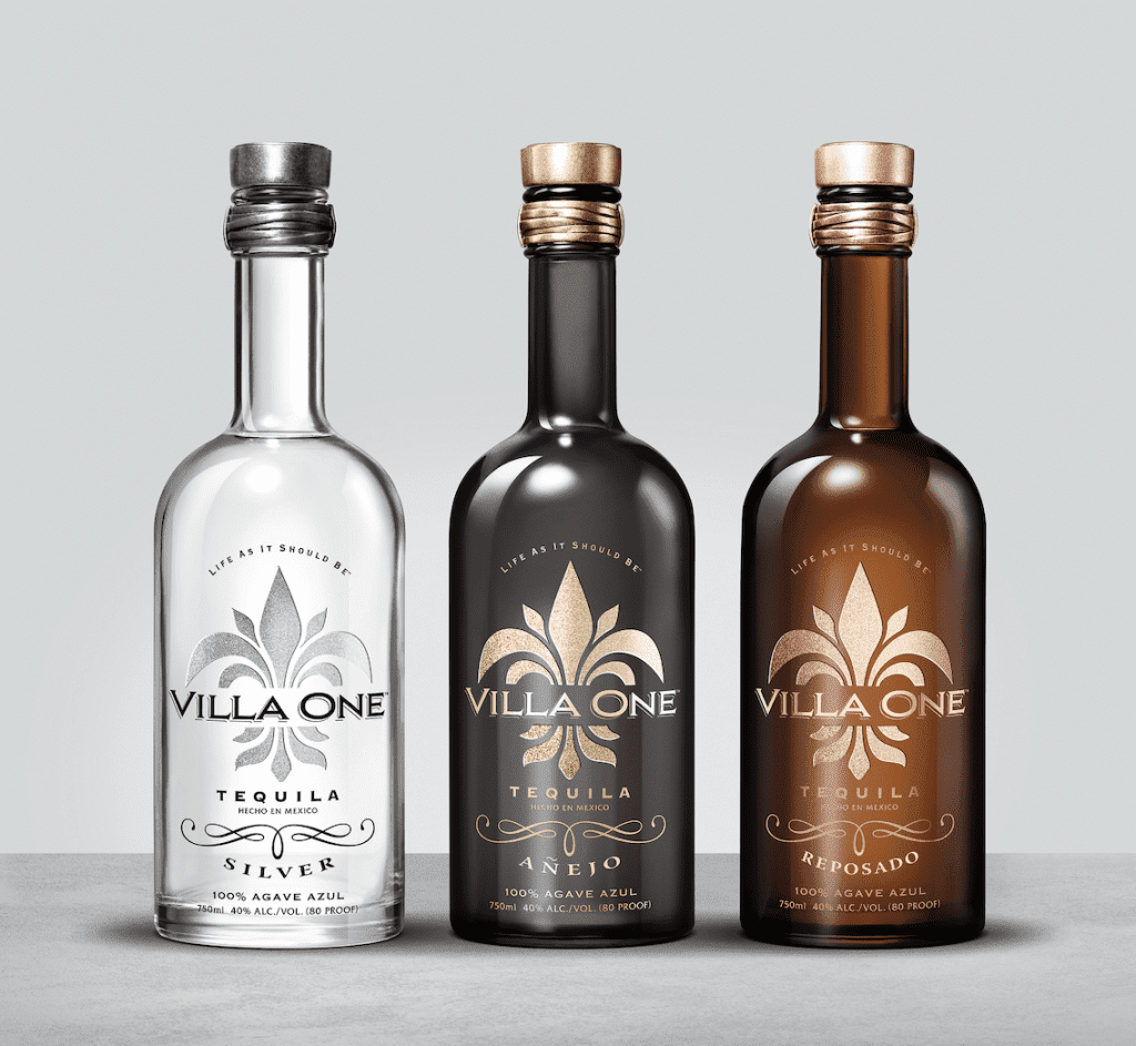 Three bottles of Villa One Tequila. One Silver, one Anejo, one Resposado.