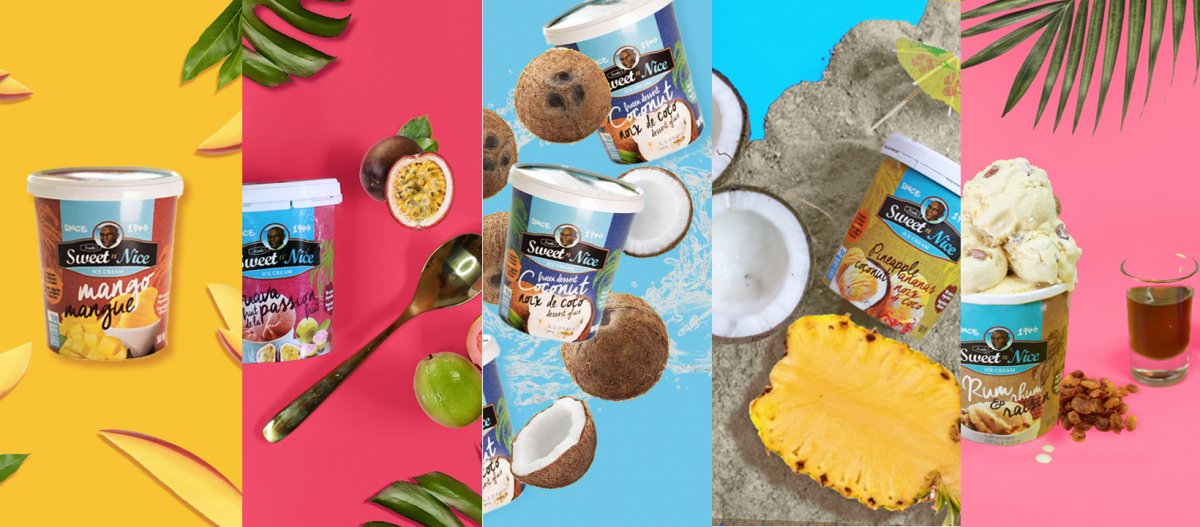 A collage of Neale's Sweet N' Nice Ice Cream Flavours with the ingredients that make up their flavours.