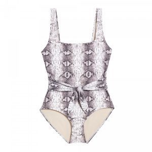 A grey snake print one piece swim suit from the Roxy Earle X Joe Fresh collection.
