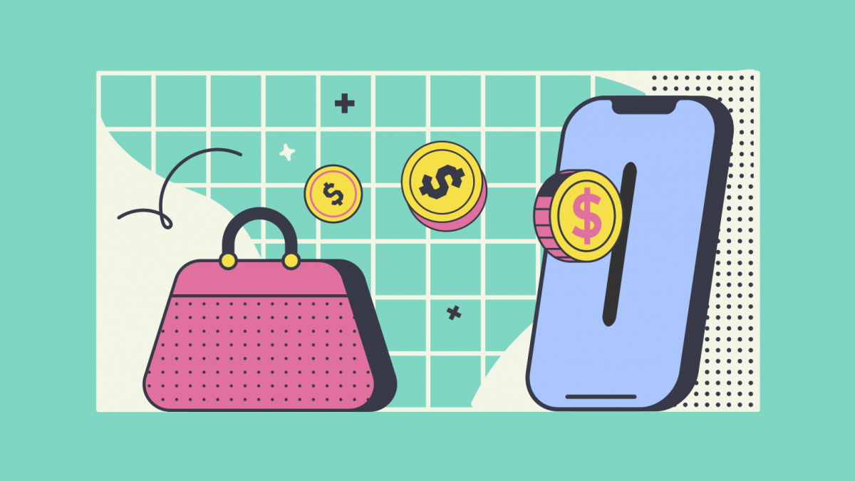 A digital drawing of money going into a phone to represent how Uber is an app-based generator of the economy.