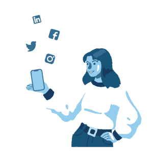 illustration of a blue woman smiling and holding a cell phone. The instagram, facebook, twitter and linkedin logos are floating above it.