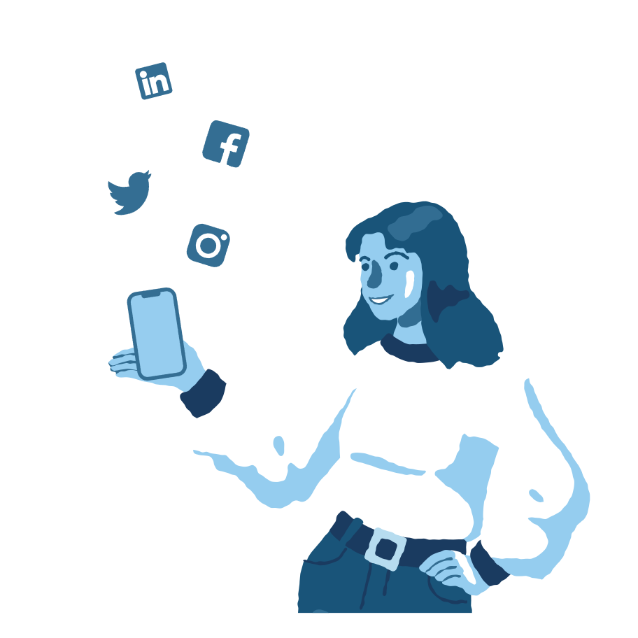 illustration of a blue woman smiling and holding a cell phone. The instagram, facebook, twitter and linkedin logos are floating above it.