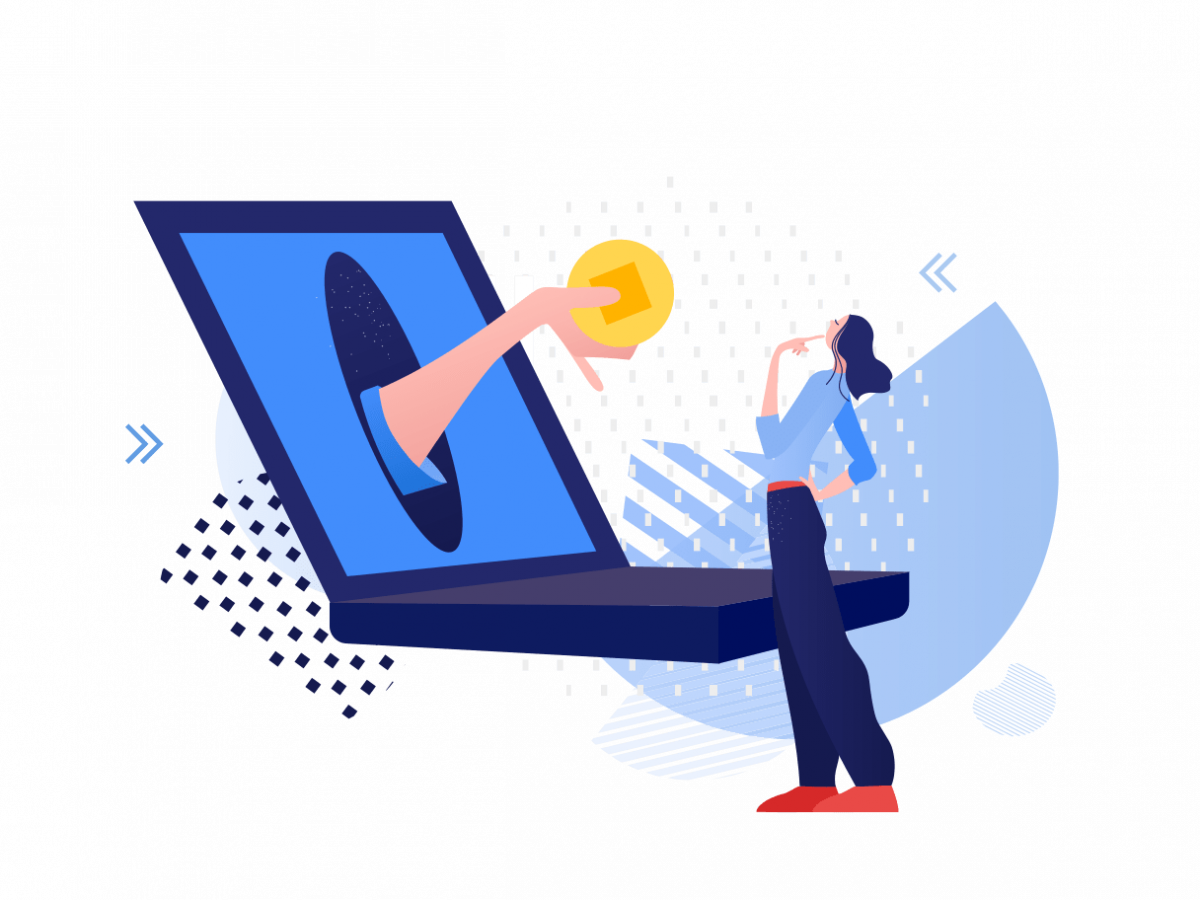 A graphic of money being given through a laptop screen to represent the digital value of NFTs