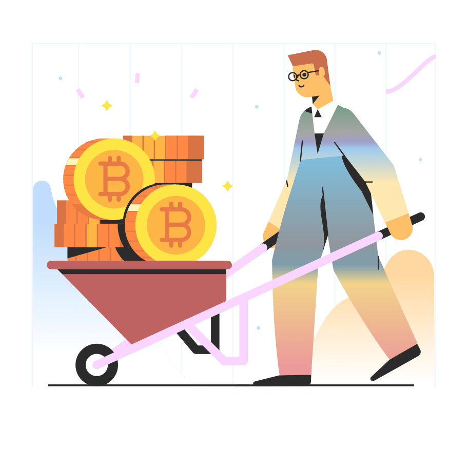 A graphic of a man holding a wheelbarrow full of bitcoin to represent cryptocurrency trends.