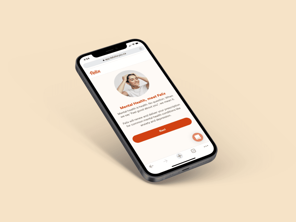A mock up of an iphone screen on the Felix homepage to showcase the new Felix Mental Health services