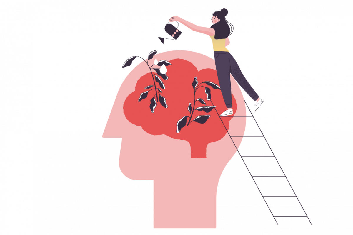 graphic of a woman watering her brain to depict positive mental health