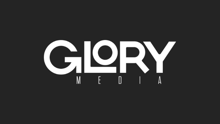 Glory Media logo in white set against black background.