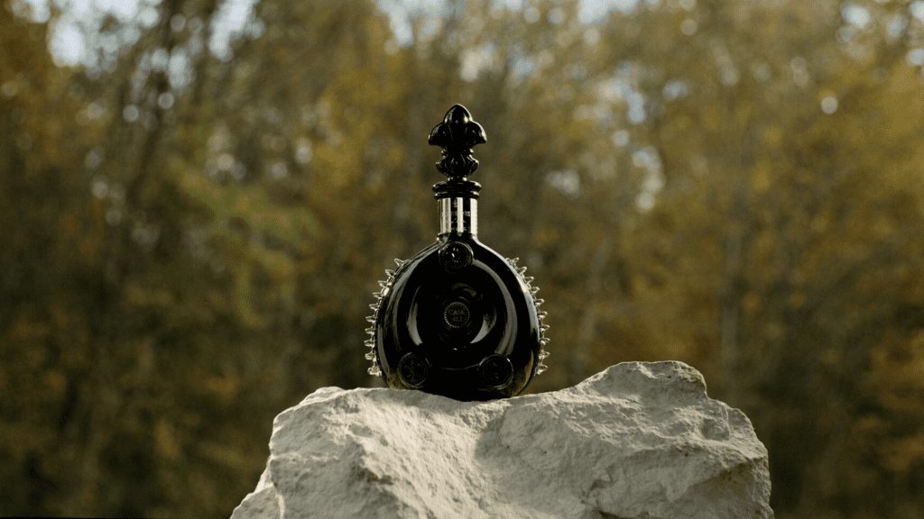 A black glass decanter of Louis XIII Rare Cask 42.1 cognac perched on a scraggly rock. In the background is a canopy of trees.