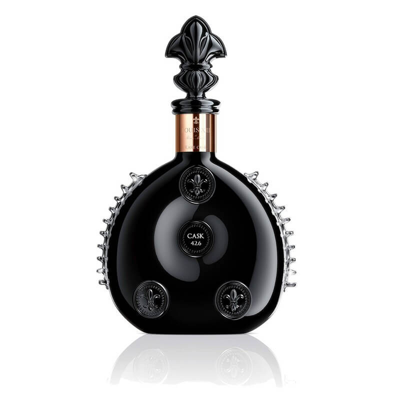 A black glass decanter of Louis XIII Rare Cask 42.1 cognac against a white background.