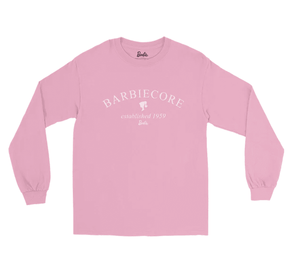 Pink sweatshirt that says Barbiecore