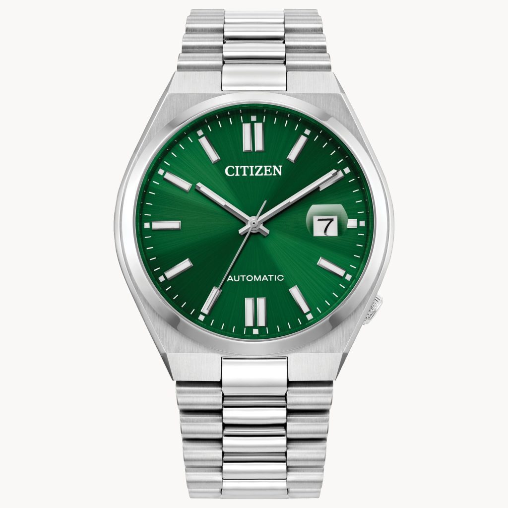 This photo shows the front face of the Citizen "Tsuyosa" Collection watch. The watch band and case its a shiny silver, and the face is emerald green. On the face it says "Citizen Automatic"