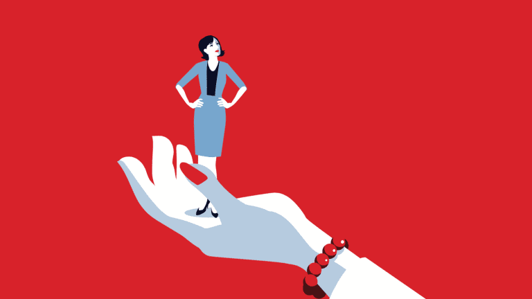 Illustration of a hand holding a woman in business attire with her hands on her hips against a red background