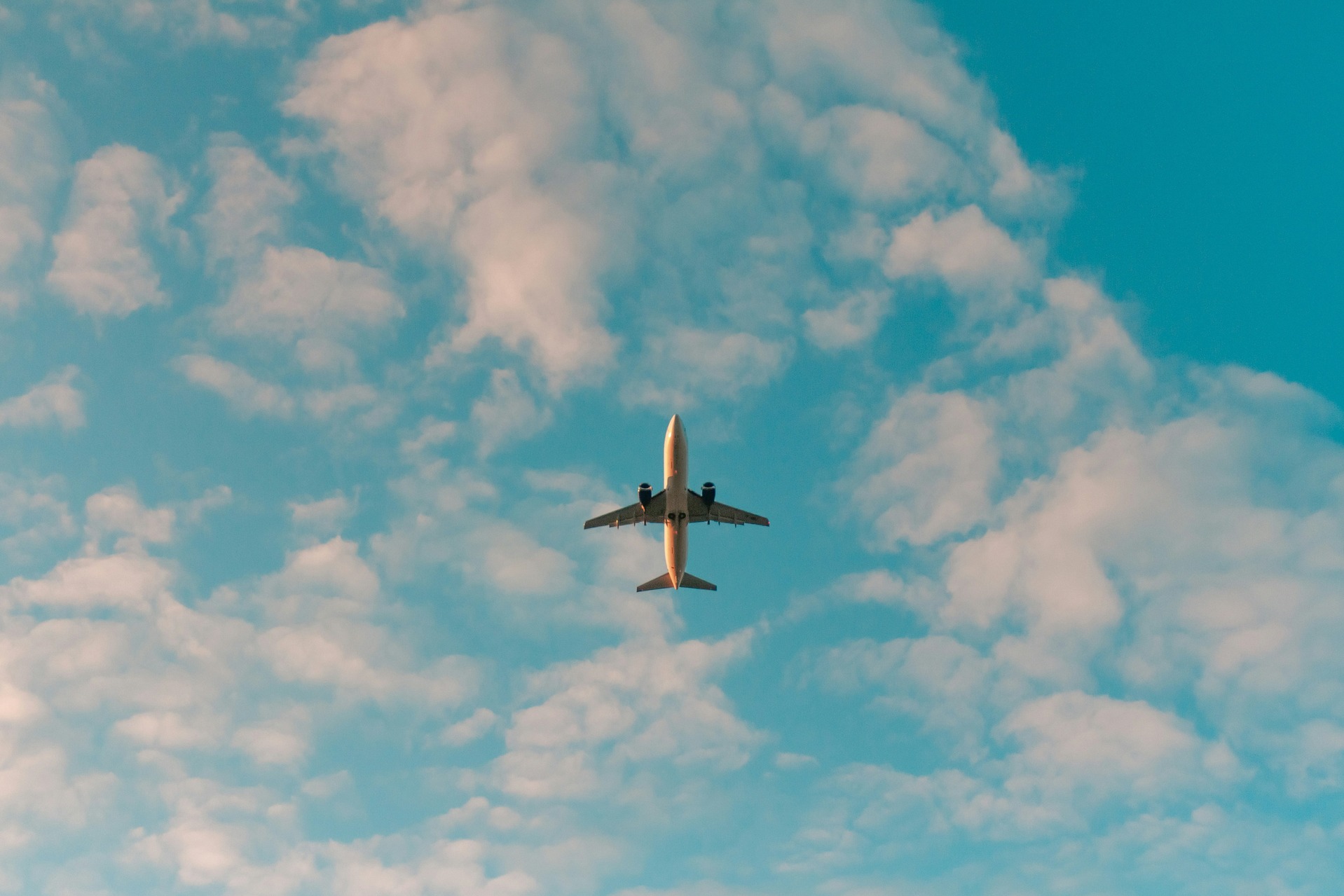 Bottom view of a plane flying directly above in a sky full of fluffy clouds.