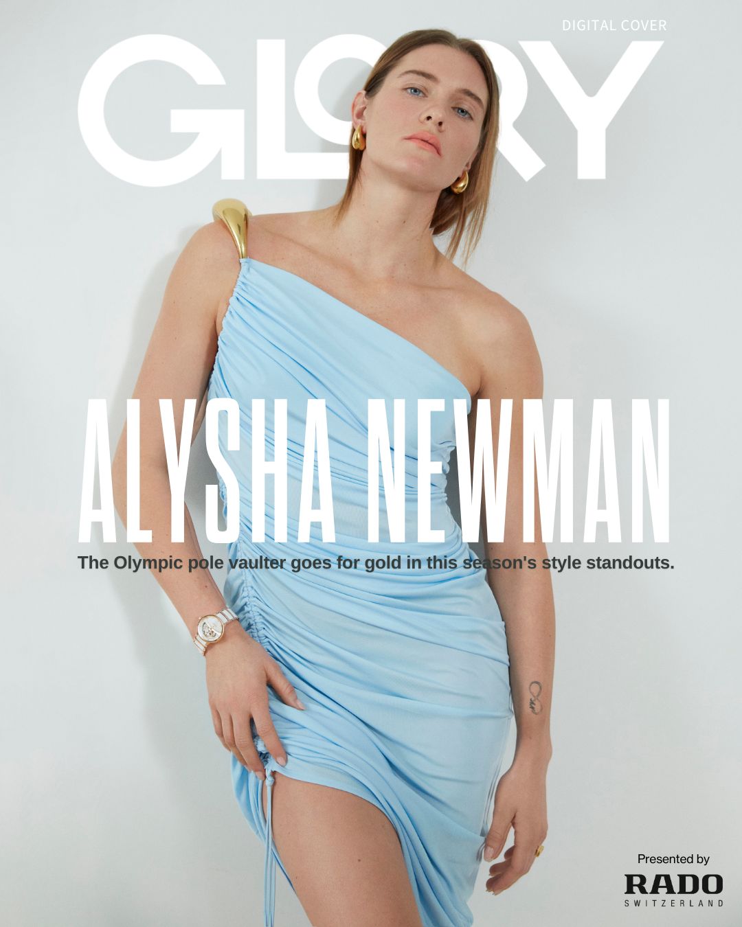 GLORY magazine cover featuring Alysha Newman wearing a blue one-shoulder dress with gold hardware and a white Rado watch.