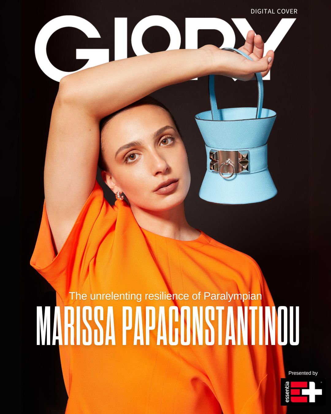 GLORY magazine cover featuring Marissa Papaconstantinou wearing an orange dress holding a light blue bucket purse over her head against a black background.